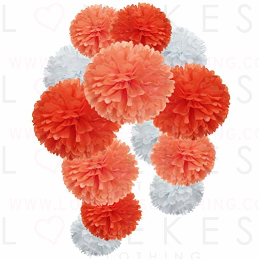 Paper Flower Tissue Pom Poms Fall Autumn Thank's Giving Day Party Supplies(vermillion,orange,white,12pc)