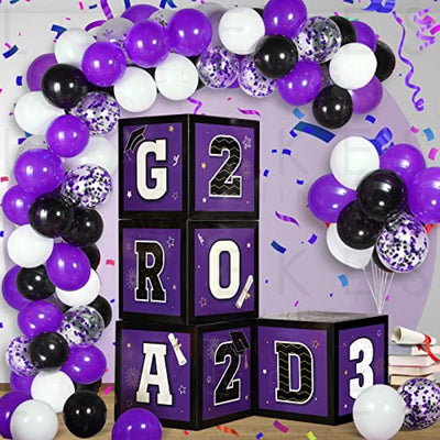 63 Pieces Graduation Box Decorations 2023 Balloon Boxes Set, Congrats Grad Block Boxes Decor with Point Dot for Class of 2023 School Party Supplies Celebration, 11.8 x 11.8 x 11.8 Inch (Purple)