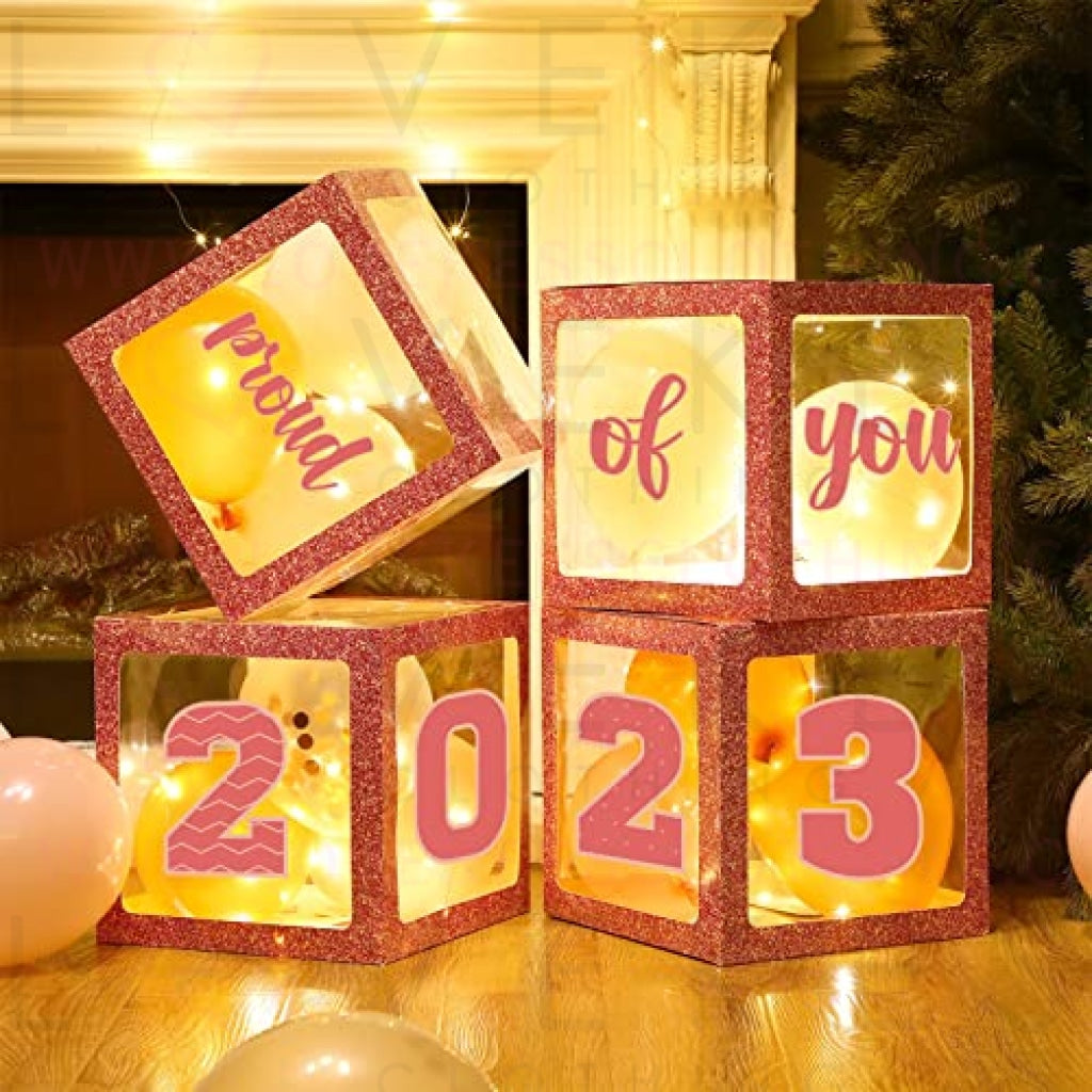 Graduation Box Decorations with Balloon and LED Light Strings Congrats 2023 Grad Party Supplies Proud of You Balloon Boxes for Class of 2023 School College Party Decor, 44 Pieces (Pink)