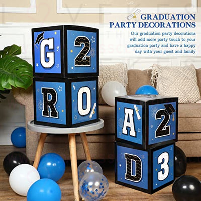 63 Pieces Graduation Box Decorations 2023 Balloon Boxes Set, Congrats Grad Block Boxes Decor with Point Dot for Class of 2023 School Party Supplies Celebration, 11.8 x 11.8 x 11.8 Inch (Blue)