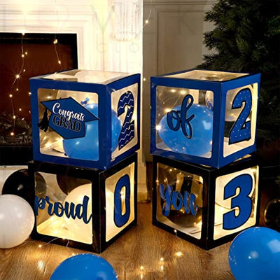Graduation Box Decorations with Balloon and LED Light Strings Congrats 2023 Grad Party Supplies Proud of You Balloon Boxes for Class of 2023 School College Party Decor, 44 Pieces (Blue)