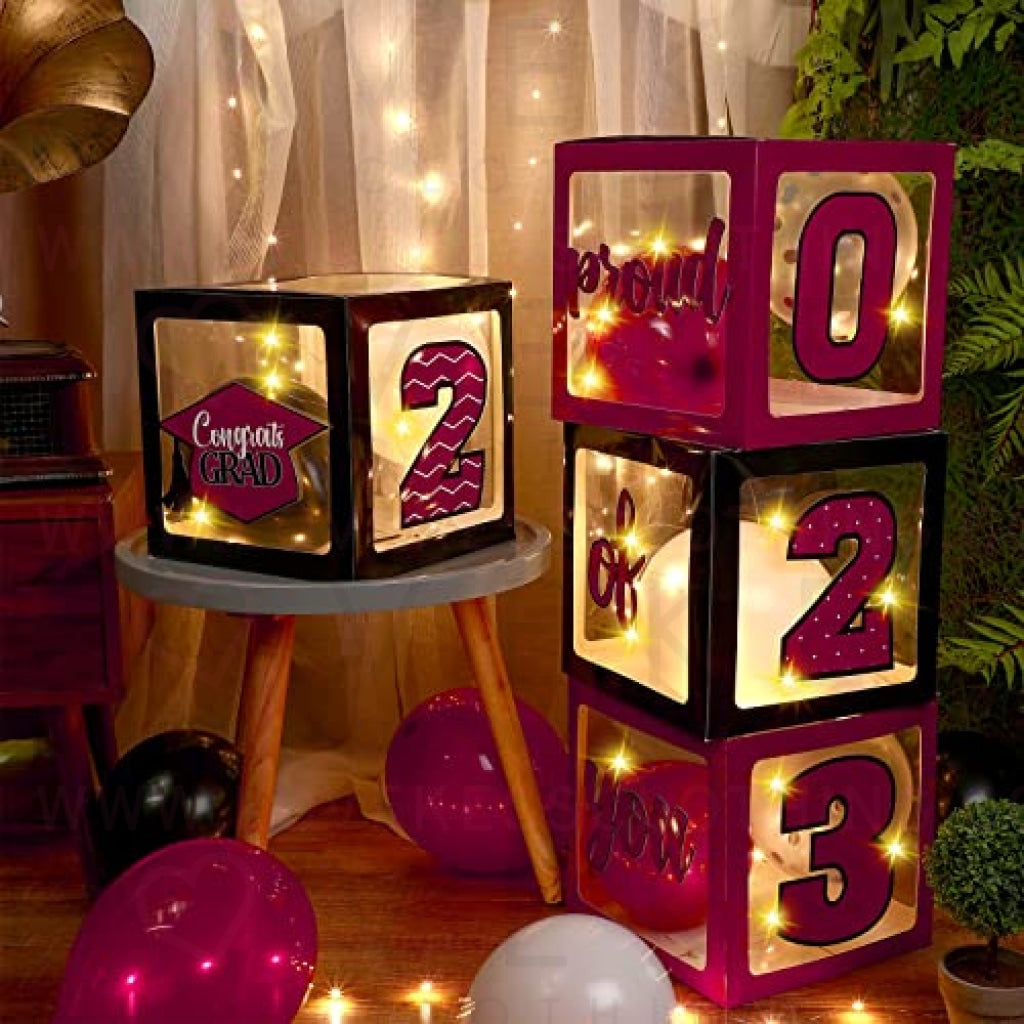 Graduation Box Decorations with Balloon and LED Light Strings Congrats 2023 Grad Party Supplies Proud of You Balloon Boxes for Class of 2023 School College Party Decor, 44 Pieces (Maroon)