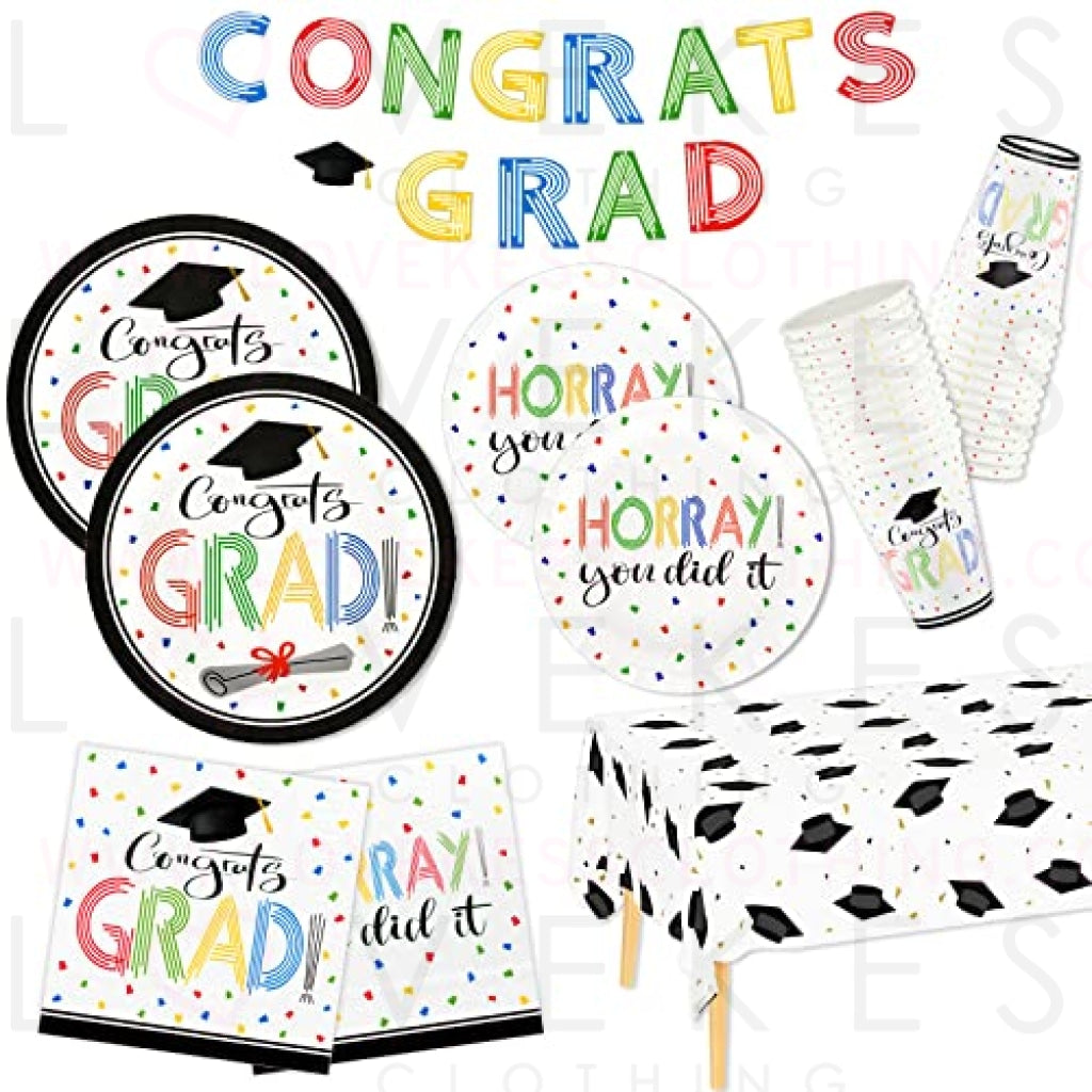DYLIVeS Graduation Party Supplies, You did it Colorful Grad Congrats Disposable Tableware Set 2023 Graduation Party Decorations for College High School, Plates and Napkins, Cups, Tablecloth, Serves 24