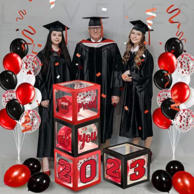 Graduation Box Decorations with Balloon and LED Light Strings Congrats 2023 Grad Party Supplies Proud of You Balloon Boxes for Class of 2023 School College Party Decor, 44 Pieces (Red)