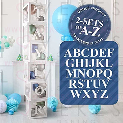Balloon Box Decorations (6 White Boxes) | 52 Letters (2-Sets of A-Z) for Custom NAME, Birthday Party, Baby Shower Decor, Gender Reveal Decorative Blocks