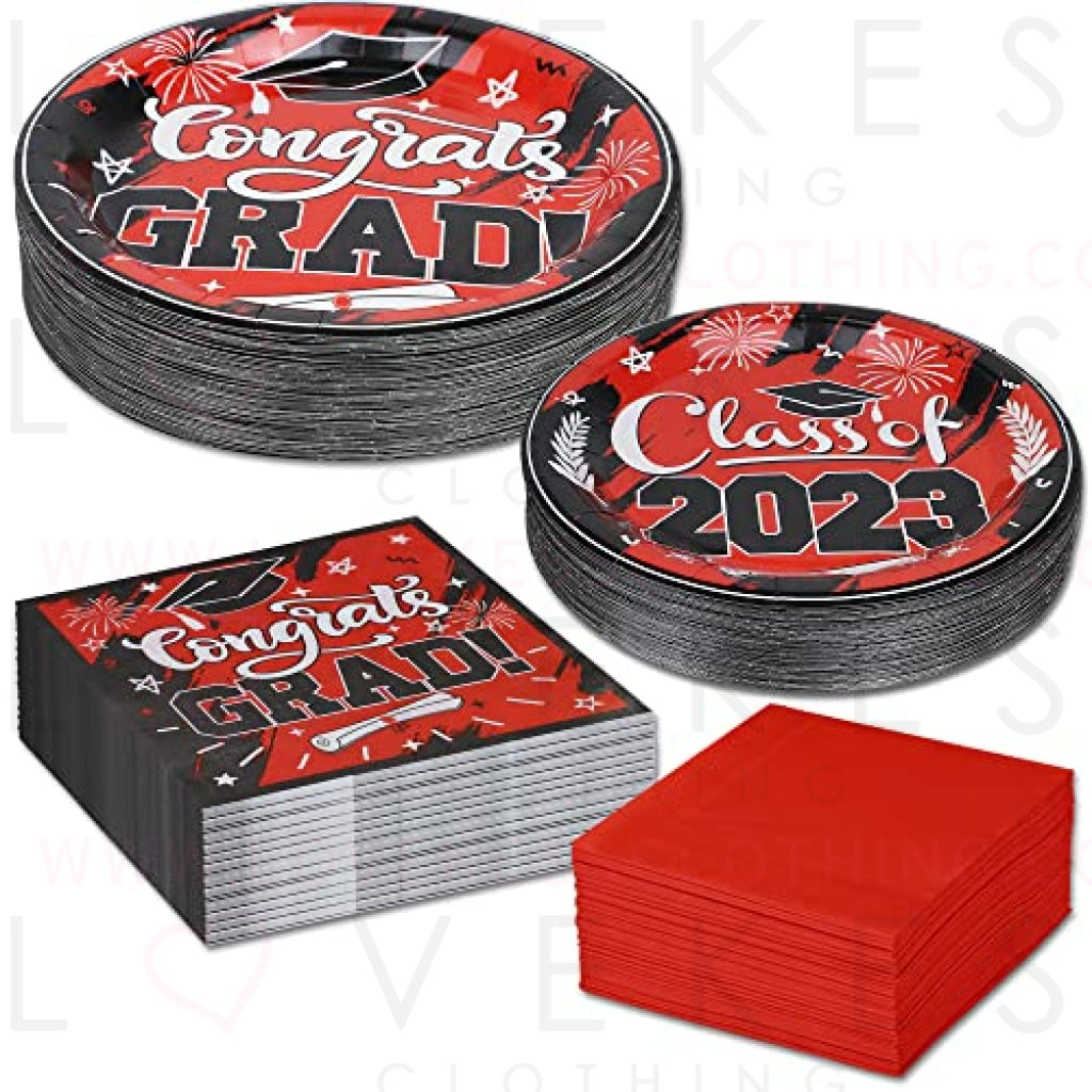 2023 Red Graduation Plates and Napkins Set Party Supplies for 50 Guest- 200pcs Class of 2023 Grad Party Tableware kit Include Dinner Plates Dessert Plates Napkins for Congrat Grad Party Decorations