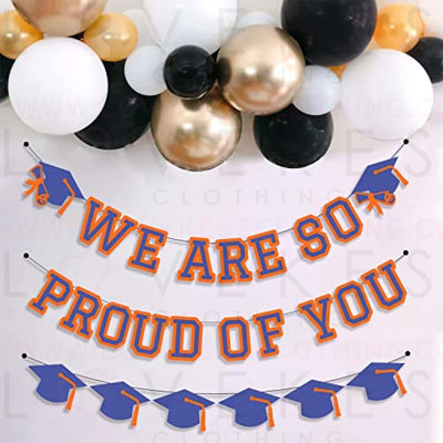 We Are So Proud Of You Banner Graduation Party Decorations Congrats Grad Cap Garlands Wall Sign Blue Oragne