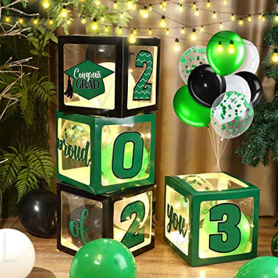 Graduation Box Decorations with Balloon and LED Light Strings Congrats 2023 Grad Party Supplies Proud of You Balloon Boxes for Class of 2023 School College Party Decor, 44 Pieces (Green)