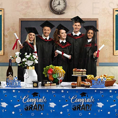 3 Pack Graduation Party Tablecloth Congrats Class of 2022 Graduation Table Covers Grad Cap Table Cloth Rectangle Plastic Tablecloth for Grad Party Decorations and Supplies, 54 x 108 Inch (Blue)