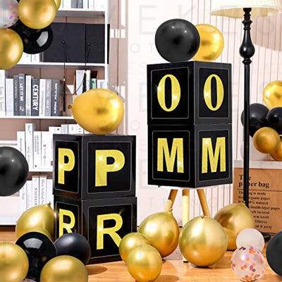8 Pcs Prom Decorations Prom Column 12 Inches Balloons Boxes Set Senior Night Decorations Graduation Balloon Box Prom Decor for Indoor Outdoor Home Door Party Decorations (Black Gold)