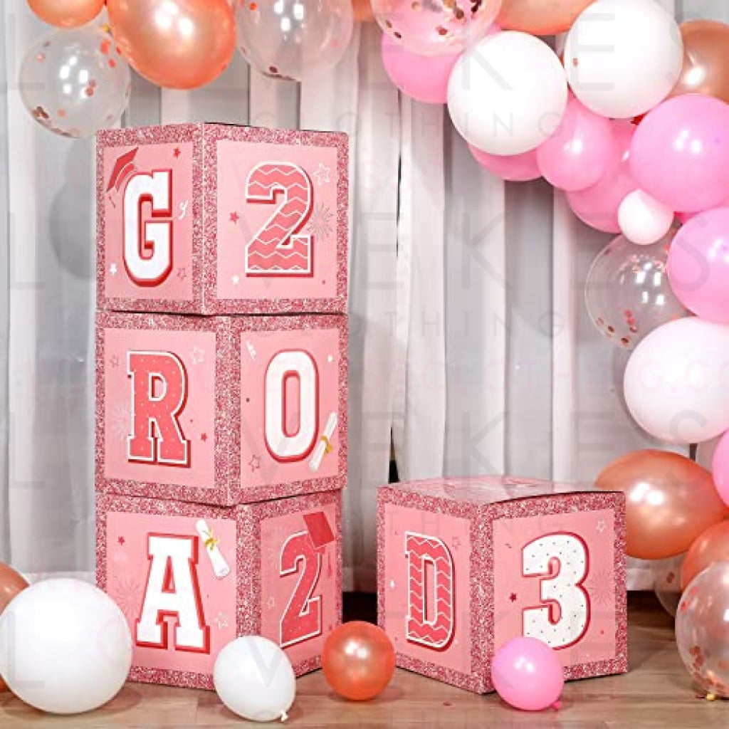 63 Pieces Graduation Box Decorations 2023 Balloon Boxes Set, Congrats Grad Block Boxes Decor with Point Dot for Class of 2023 School Party Supplies Celebration, 11.8 x 11.8 x 11.8 Inch (Pink)