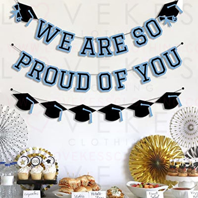 We Are So Proud Of You Banner Graduation Party Decorations Congrats Grad Cap Garlands Wall Sign Light Blue