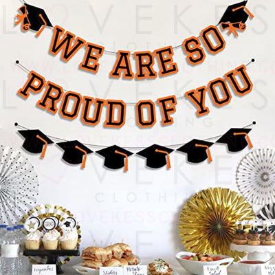 We Are So Proud Of You Banner Graduation Party Decorations Congrats Grad Cap Garlands Wall Sign Orange