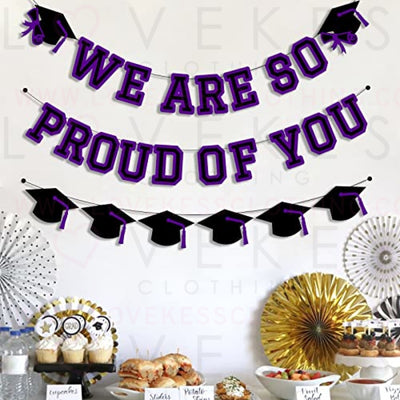 We Are So Proud Of You Banner Graduation Party Decorations Congrats Grad Cap Garlands Wall Sign Purple