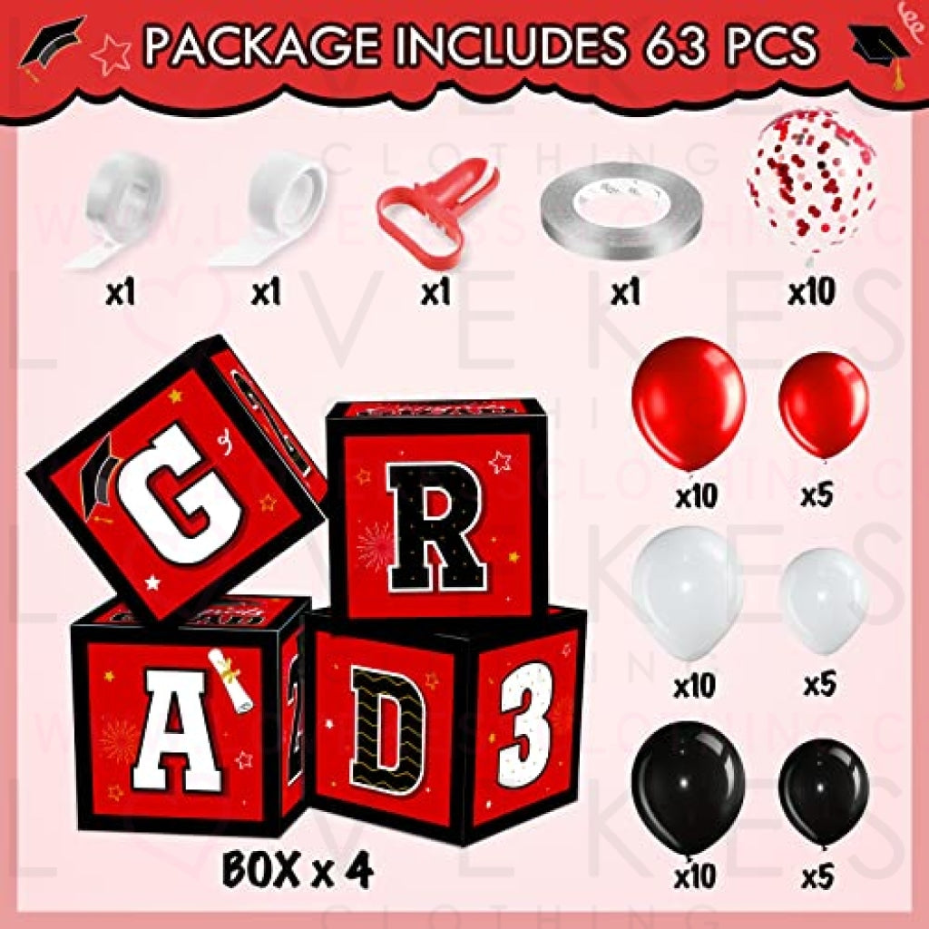63 Pieces Graduation Box Decorations 2023 Balloon Boxes Set, Congrats Grad Block Boxes Decor with Point Dot for Class of 2023 School Party Supplies Celebration, 11.8 x 11.8 x 11.8 Inch (Red)