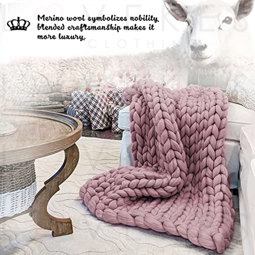 Ganlinia Chunky Knit Blanket Merino Wool Blend Giant Yarn Soft Cable Knitted Throw Handmade Home Decorate, Grey Pink, 30’x40’