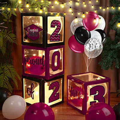 Graduation Box Decorations with Balloon and LED Light Strings Congrats 2023 Grad Party Supplies Proud of You Balloon Boxes for Class of 2023 School College Party Decor, 44 Pieces (Maroon)
