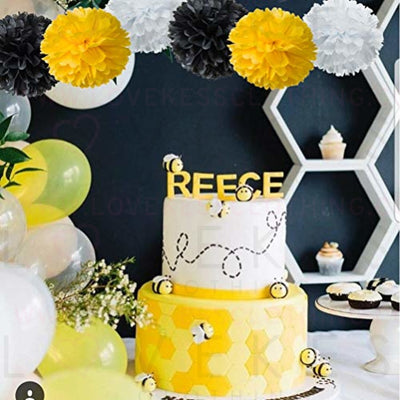 Paper Flower Tissue Pom Poms Bee Party Supplies (Black,Yellow,White,12pc)