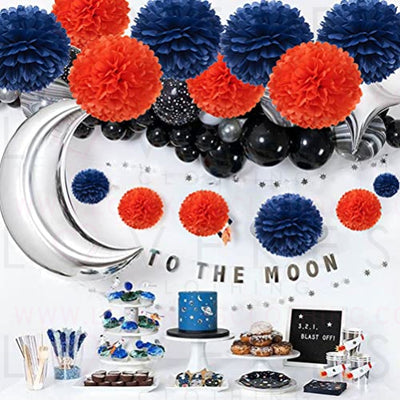 Paper Flower Tissue Pom Poms Graduation Outer Space Galaxy Party Favor Supplies (navy blue,orange,12pc)
