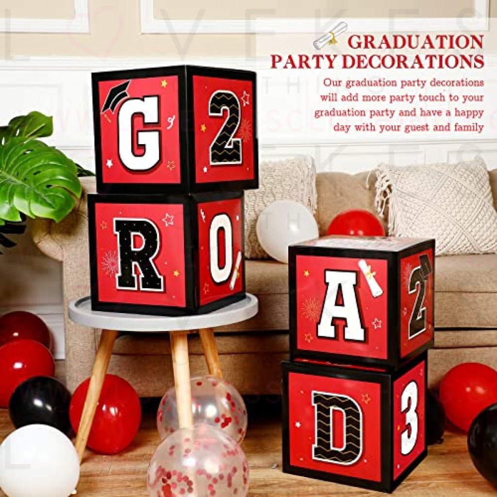 63 Pieces Graduation Box Decorations 2023 Balloon Boxes Set, Congrats Grad Block Boxes Decor with Point Dot for Class of 2023 School Party Supplies Celebration, 11.8 x 11.8 x 11.8 Inch (Red)