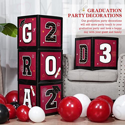 63 Pieces Graduation Box Decorations 2023 Balloon Boxes Set, Congrats Grad Block Boxes Decor with Point Dot for Class of 2023 School Party Supplies Celebration, 11.8 x 11.8 x 11.8 Inch (Maroon)