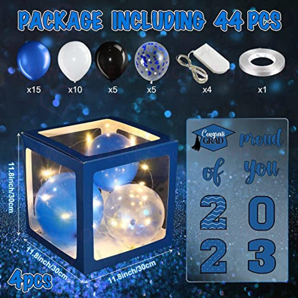 Graduation Box Decorations with Balloon and LED Light Strings Congrats 2023 Grad Party Supplies Proud of You Balloon Boxes for Class of 2023 School College Party Decor, 44 Pieces (Blue)