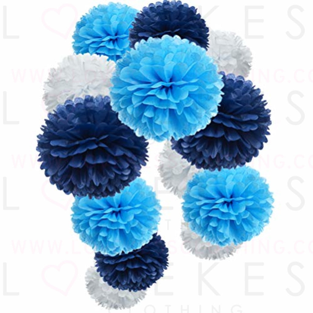 Paper Flower Tissue Pom Poms Party Supplies (Navy Blue,Turqoise Blue,White,12pc)