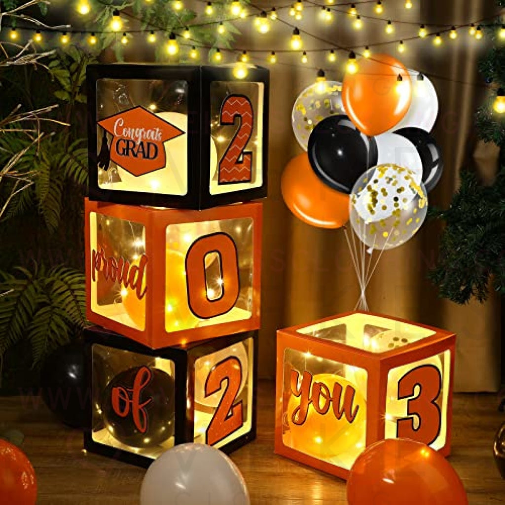 Graduation Box Decorations with Balloon and LED Light Strings Congrats 2023 Grad Party Supplies Proud of You Balloon Boxes for Class of 2023 School College Party Decor, 44 Pieces (Orange)