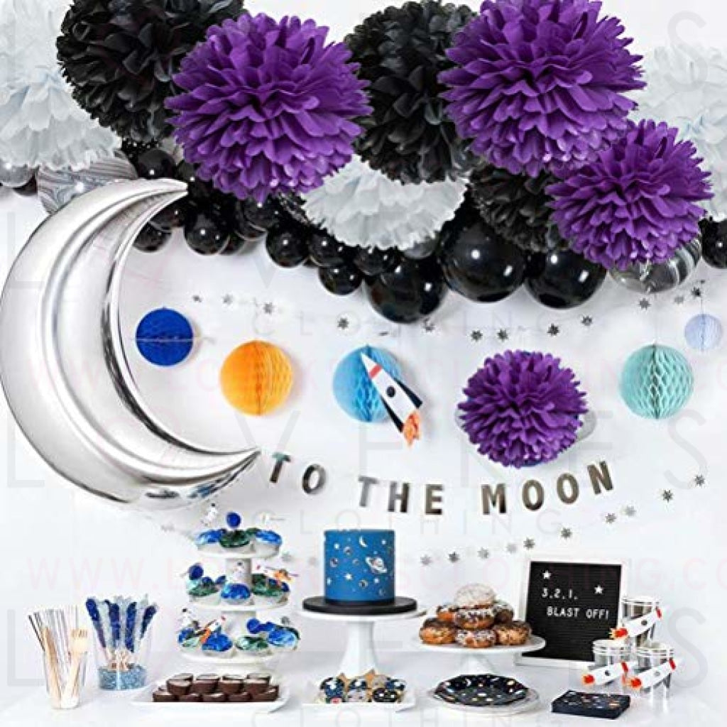 Paper Flower Tissue Pom Poms Graduation and Outer Space Galaxy Party Favor Supplies (black,purple,white,12pc)