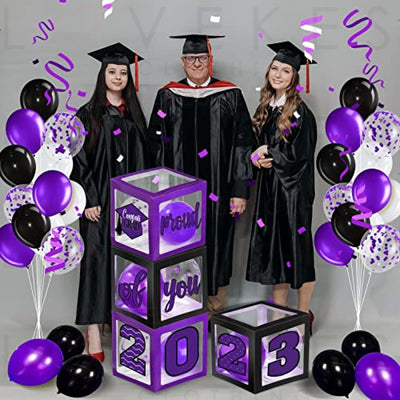 Graduation Box Decorations with Balloon and LED Light Strings Congrats 2023 Grad Party Supplies Proud of You Balloon Boxes for Class of 2023 School College Party Decor, 44 Pieces (Purple)