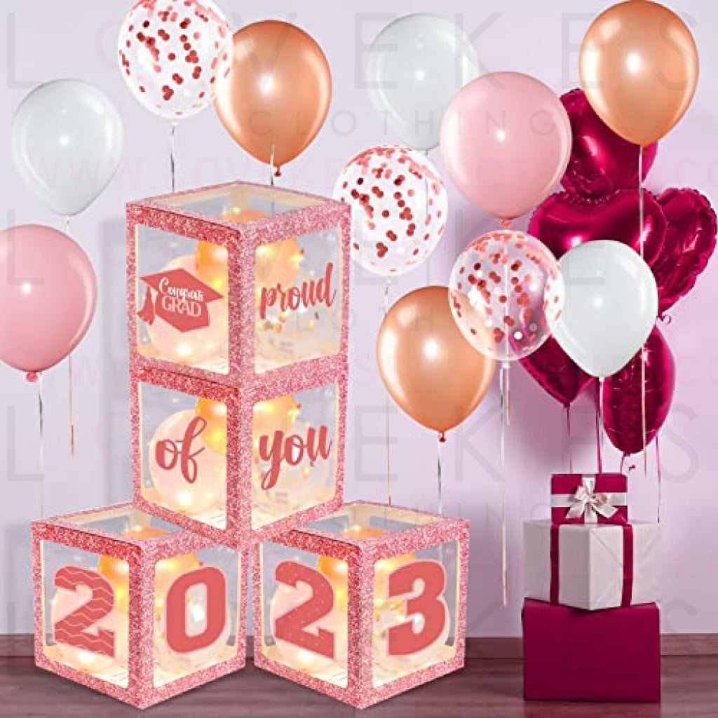 Graduation Box Decorations with Balloon and LED Light Strings Congrats 2023 Grad Party Supplies Proud of You Balloon Boxes for Class of 2023 School College Party Decor, 44 Pieces (Pink)