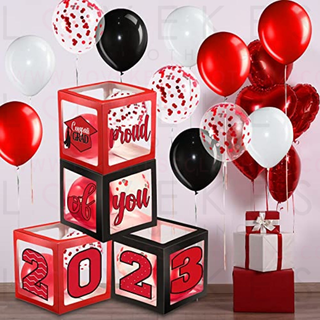 Graduation Box Decorations with Balloon and LED Light Strings Congrats 2023 Grad Party Supplies Proud of You Balloon Boxes for Class of 2023 School College Party Decor, 44 Pieces (Red)