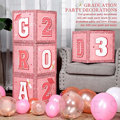 63 Pieces Graduation Box Decorations 2023 Balloon Boxes Set, Congrats Grad Block Boxes Decor with Point Dot for Class of 2023 School Party Supplies Celebration, 11.8 x 11.8 x 11.8 Inch (Pink)