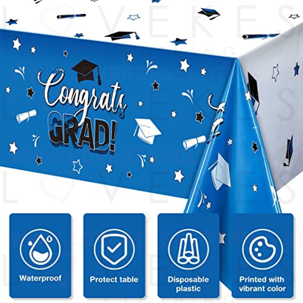 3 Pack Graduation Party Tablecloth Congrats Class of 2022 Graduation Table Covers Grad Cap Table Cloth Rectangle Plastic Tablecloth for Grad Party Decorations and Supplies, 54 x 108 Inch (Blue)