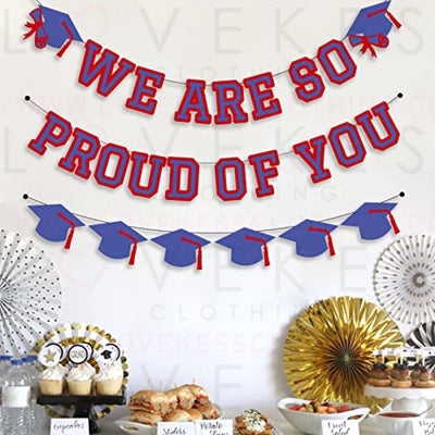 We Are So Proud Of You Banner Graduation Party Decorations Congrats Grad Cap Garlands Wall Sign Blue Red