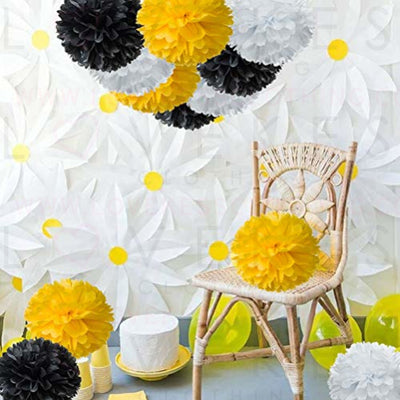 Paper Flower Tissue Pom Poms Bee Party Supplies (Black,Yellow,White,12pc)
