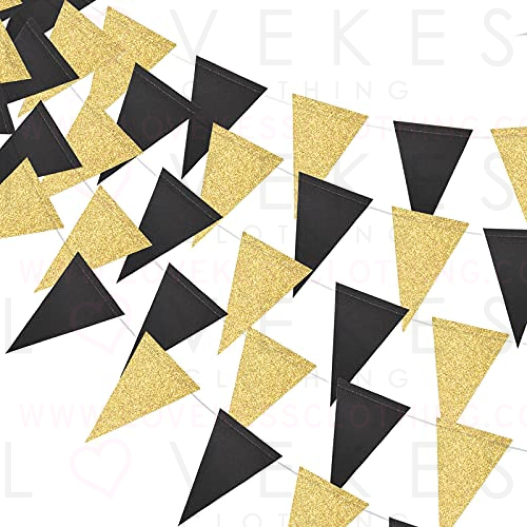 MerryNine Triangle Flag Bunting Banner, 3 Pack 30 Feet Vintage Style Pennant Banner for Wedding, Baby Shower, Event & Party Supplies 45pcs Flags (Triangle Flag - Black Gold Glitter)