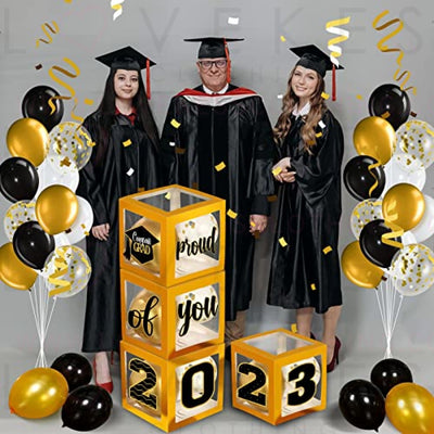 Graduation Box Decorations with Balloon and LED Light Strings Congrats 2023 Grad Party Supplies Proud of You Balloon Boxes for Class of 2023 School College Party Decor, 44 Pieces (Gold)