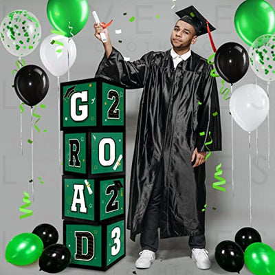 63 Pieces Graduation Box Decorations 2023 Balloon Boxes Set, Congrats Grad Block Boxes Decor with Point Dot for Class of 2023 School Party Supplies Celebration, 11.8 x 11.8 x 11.8 Inch (Green)