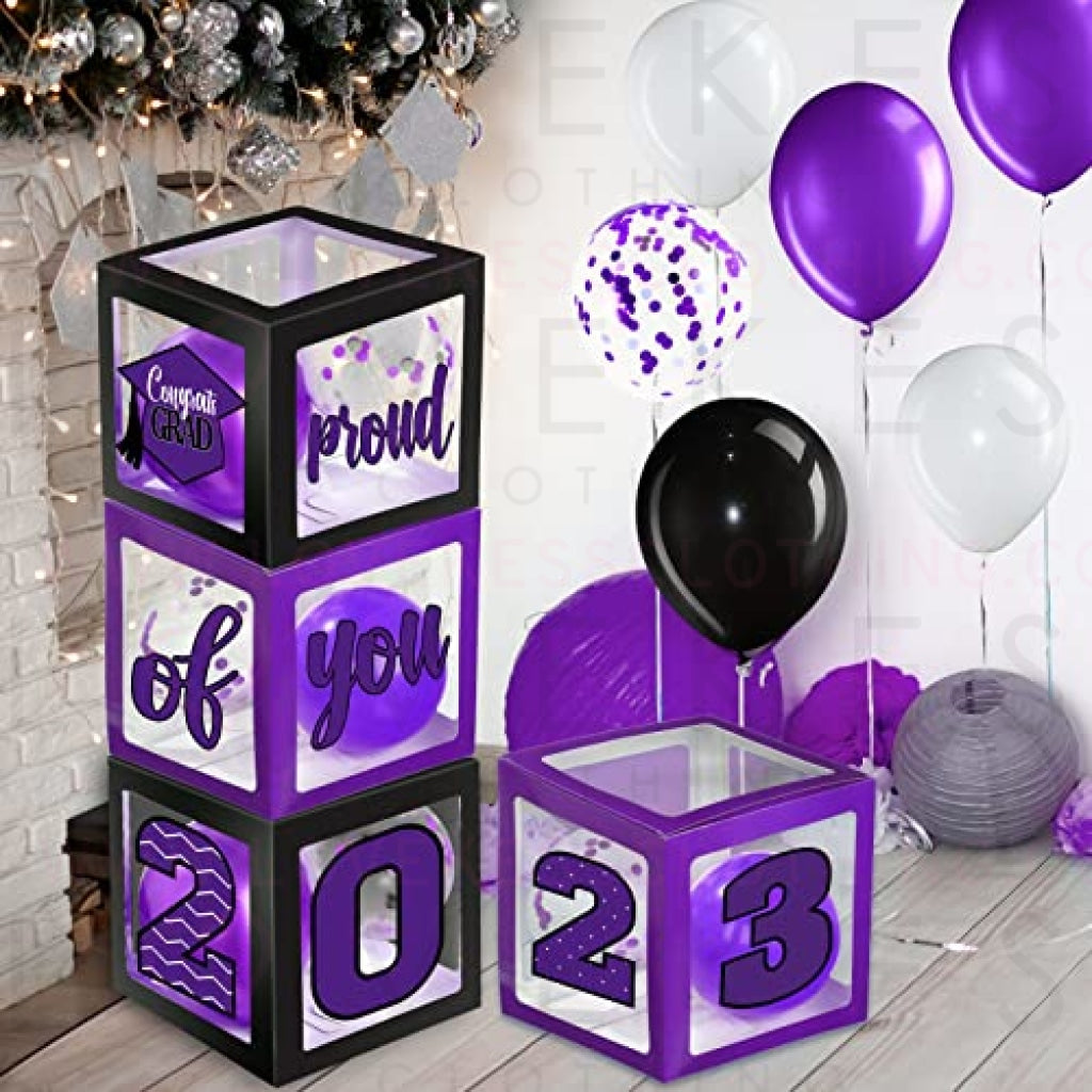 Graduation Box Decorations with Balloon and LED Light Strings Congrats 2023 Grad Party Supplies Proud of You Balloon Boxes for Class of 2023 School College Party Decor, 44 Pieces (Purple)