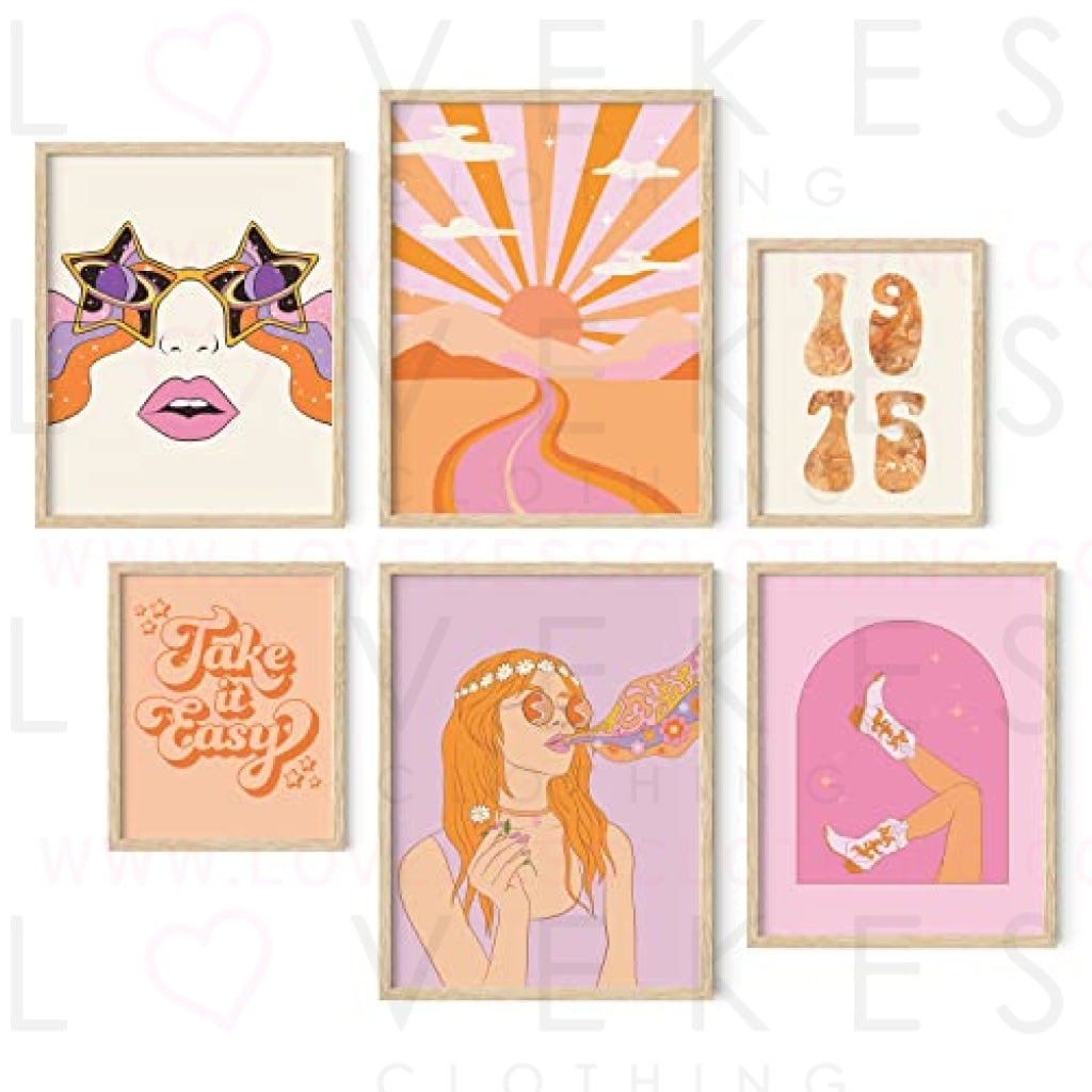 HAUS AND HUES Hippie Posters Gallery Art Set of 6 - Trippy Posters for Room Aesthetic, Retro Posters, Indie Posters, Orange Pictures for Wall, 70s Poster, Retro Posters for Room Aesthetic, (Unframed)