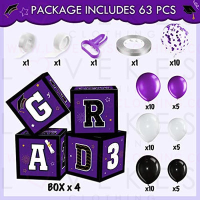 63 Pieces Graduation Box Decorations 2023 Balloon Boxes Set, Congrats Grad Block Boxes Decor with Point Dot for Class of 2023 School Party Supplies Celebration, 11.8 x 11.8 x 11.8 Inch (Purple)