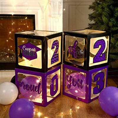 Graduation Box Decorations with Balloon and LED Light Strings Congrats 2023 Grad Party Supplies Proud of You Balloon Boxes for Class of 2023 School College Party Decor, 44 Pieces (Purple)