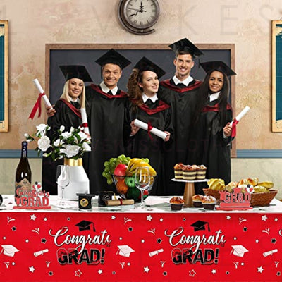 3 Pack Graduation Party Tablecloth Congrats Class of 2022 Graduation Table Covers Grad Cap Table Cloth Rectangle Plastic Tablecloth for Grad Party Decorations and Supplies, 54 x 108 Inch (Red)