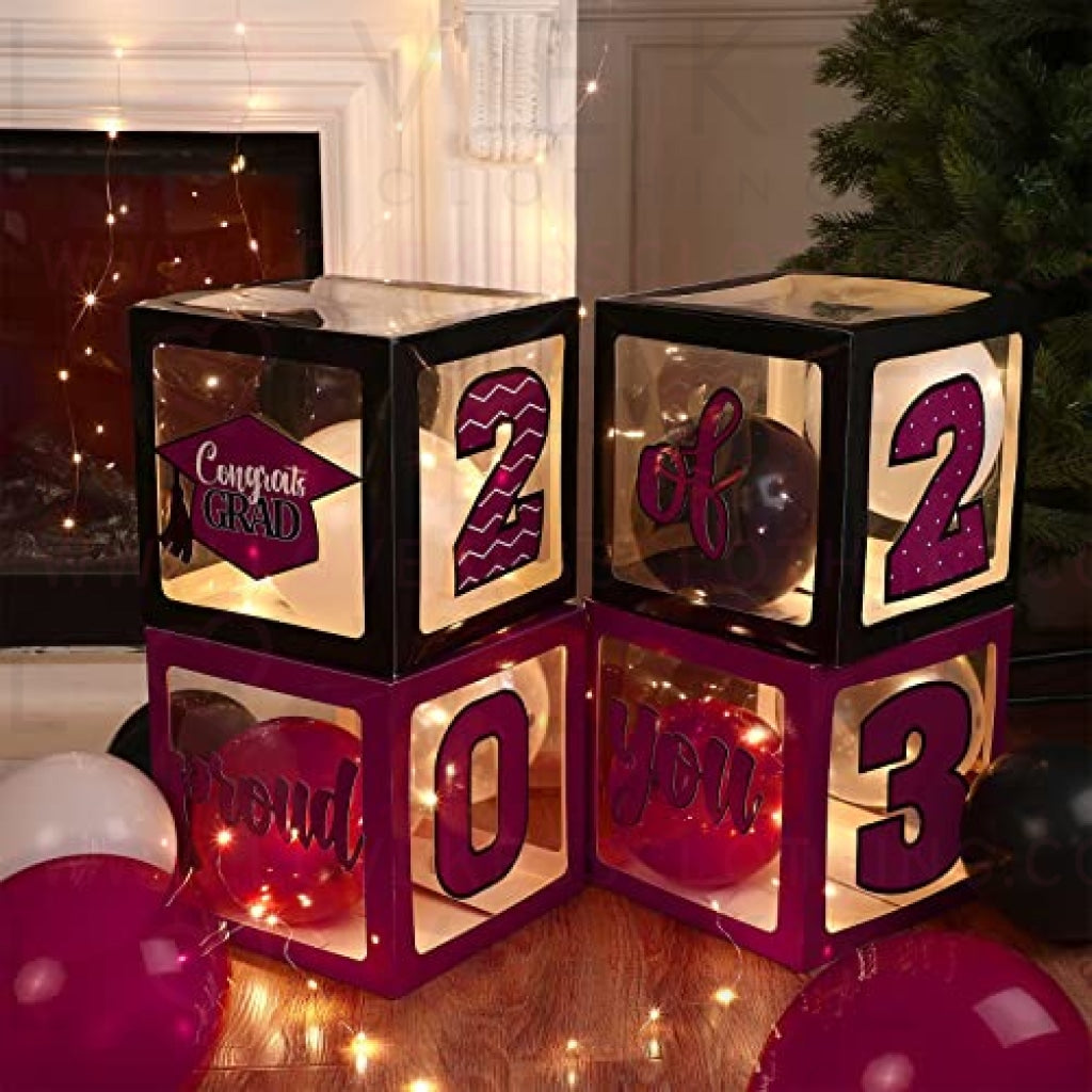 Graduation Box Decorations with Balloon and LED Light Strings Congrats 2023 Grad Party Supplies Proud of You Balloon Boxes for Class of 2023 School College Party Decor, 44 Pieces (Maroon)