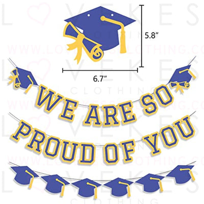 We Are So Proud Of You Banner Graduation Party Decorations Congrats Grad Cap Garlands Wall Sign Blue Yellow