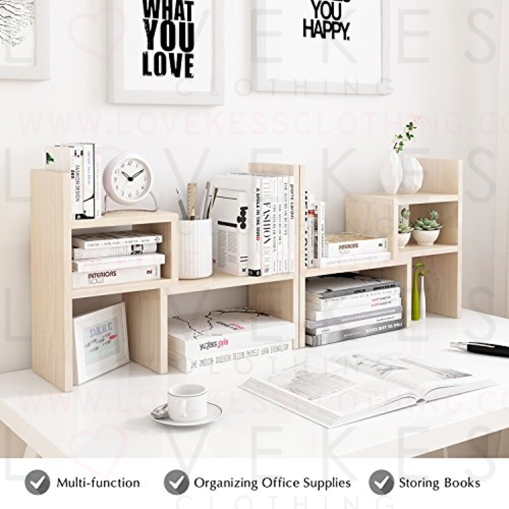 Jerry & Maggie - Desktop Organizer Office Storage Rack Adjustable Wood Display Shelf | Birthday Gifts - Toy - Home Decor | - Free Style Rotation Display - True Natural Stand Shelf White Wood Tone