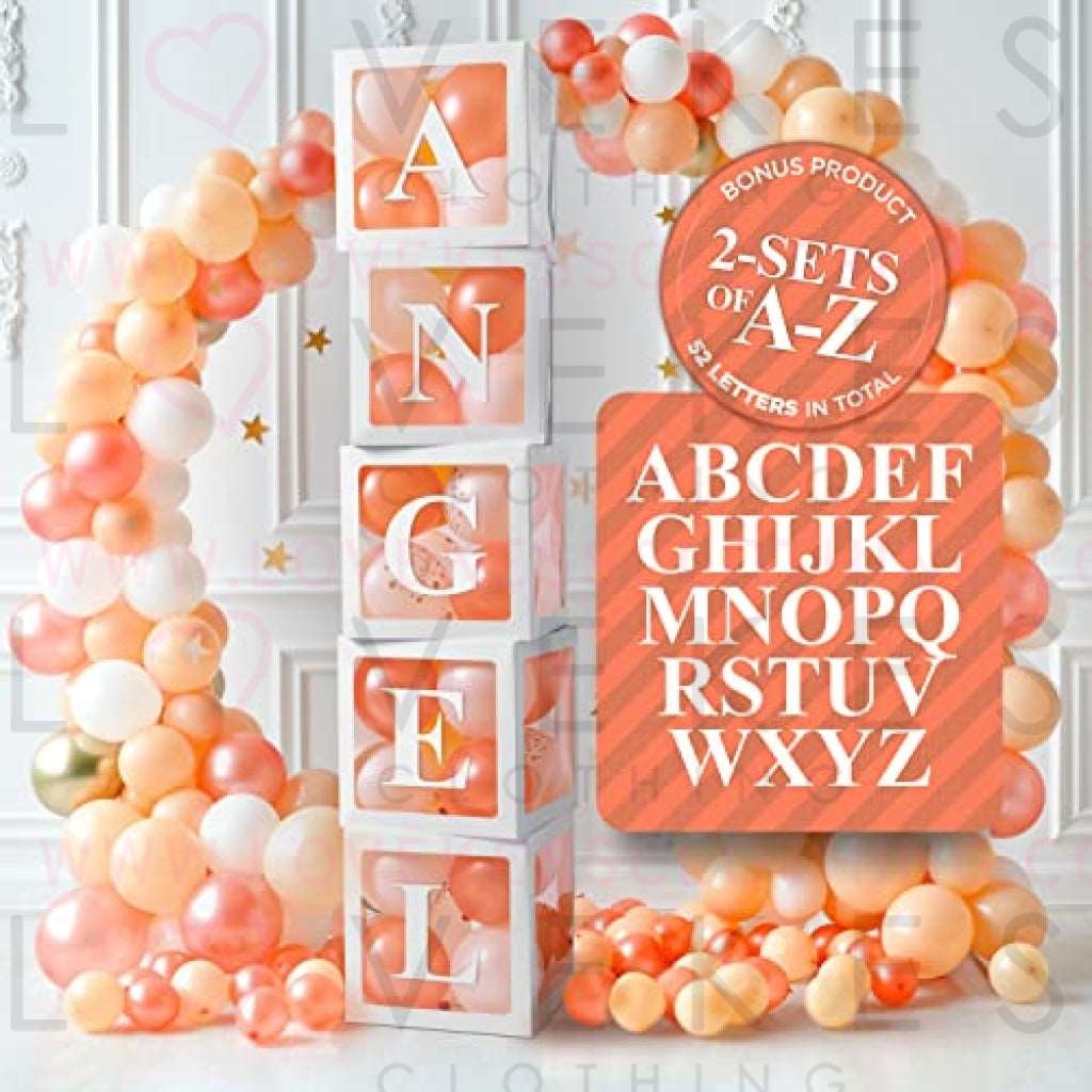 Balloon Box Decorations (5 White Boxes) | 52 Letters (2-Sets of A-Z) for Custom NAME, Birthday Party, Baby Shower Decor, Gender Reveal Decorative Blocks