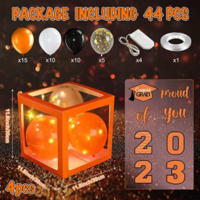 Graduation Box Decorations with Balloon and LED Light Strings Congrats 2023 Grad Party Supplies Proud of You Balloon Boxes for Class of 2023 School College Party Decor, 44 Pieces (Orange)