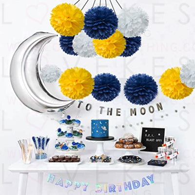 Paper Flower Tissue Pom Poms Party Decoration for Graduation Birthday Wedding Eid Theme Party,Yellow Navy Blue and White,12 Counts